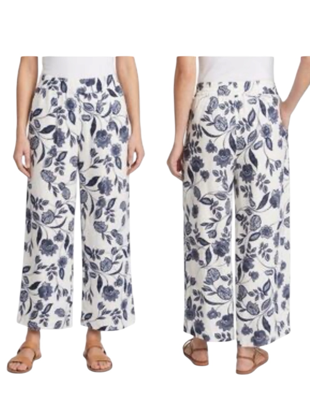Ella Moss Linen Blend Wide Leg Crop Pants Xl Navy Floral Cream Boho Coastal